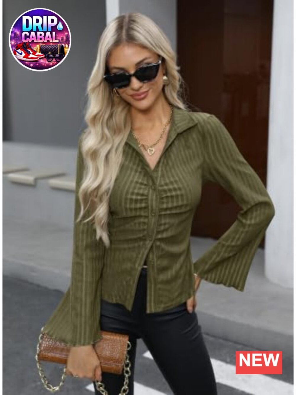 Women's Button Down V Neck Ruched Blouse Long Sleeve Slim Fit Top - Picture 2 of 6